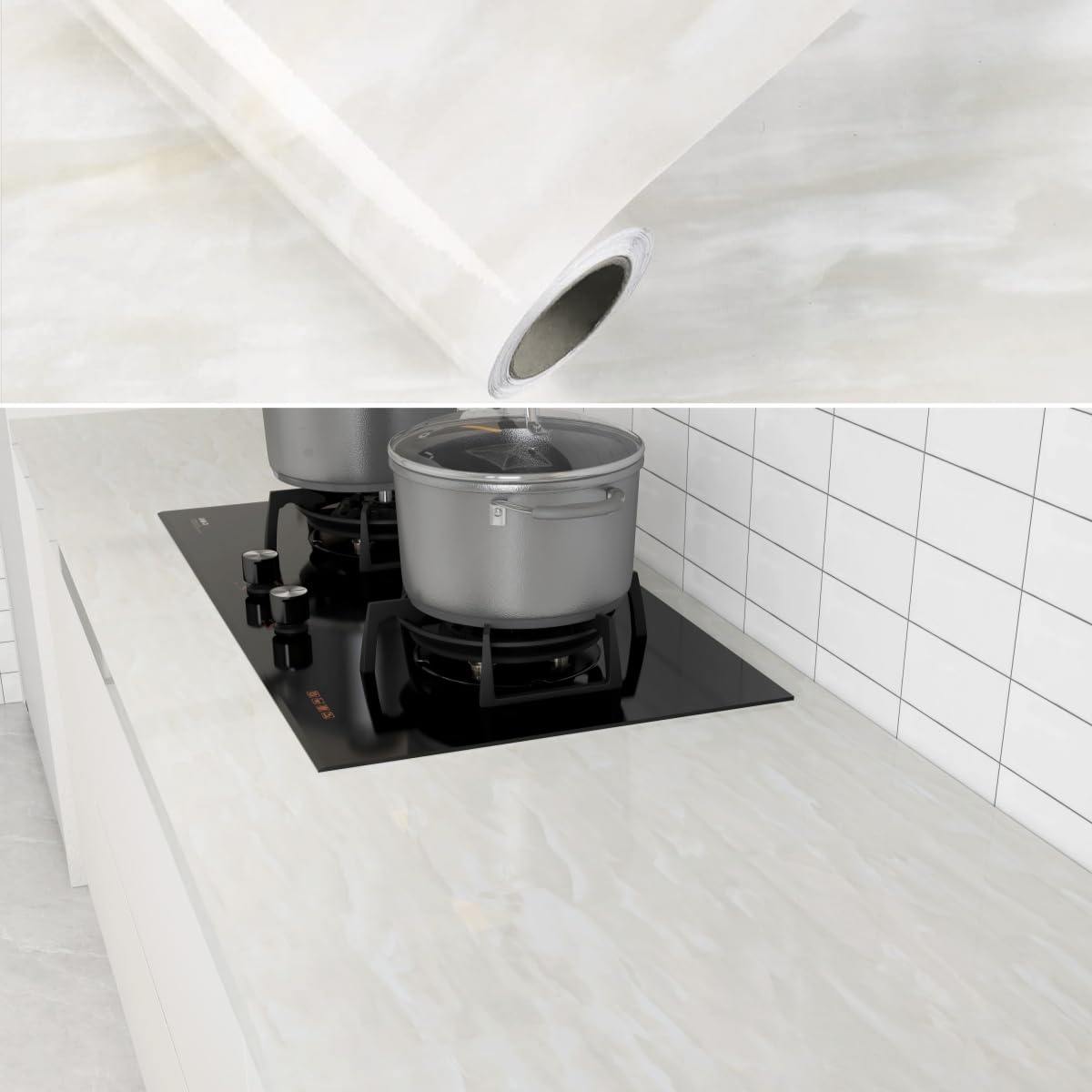 80cm×3m, Beige Marble Vinyl Wrap for Furniture Worktop Vinyl Covering, Glossy Marble Sticky Back Plastic Roll