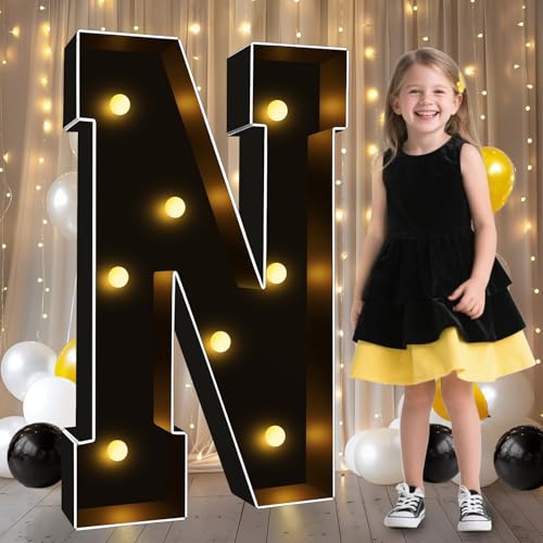 Image of Pooqla 3FT Marquee Light Up Letters, Black Large Letter N Party Decorations | LED Marquee Letters 3 Feet Tall, Black Giant Mosaic Letters Gift for Boys Men Birthday Anniversary Wedding Decoration