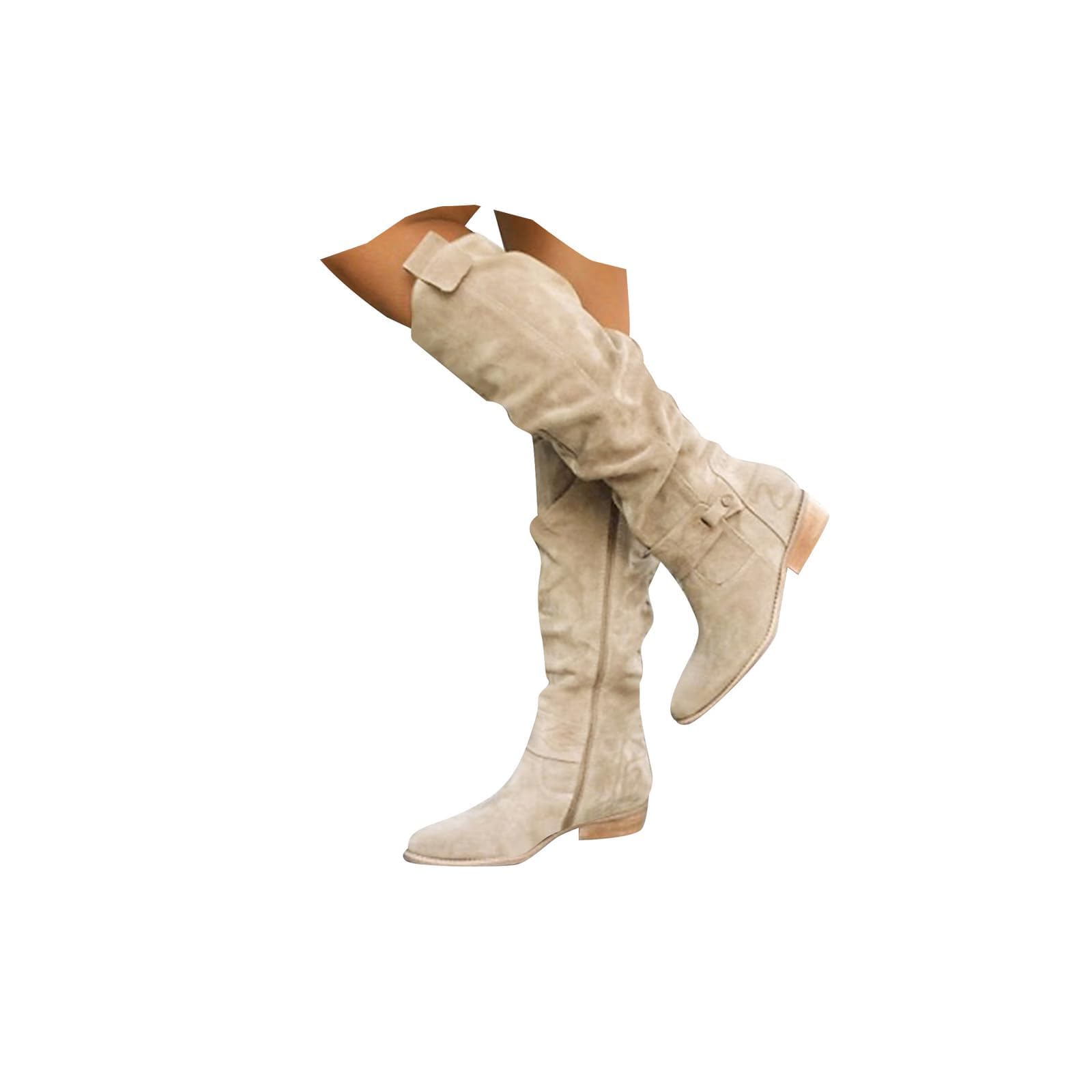 Slouchy Boots for Women Knee High Flat Low Heel Riding Boots with Side Zipper Suede Tall Calf Boots