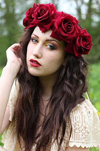 Floral Fall Rose Flower Crown Garland Festival Wedding Hair Wreaths Headbands F-32 (Burgundy)