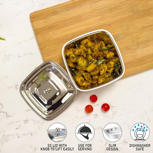 Image of Sumeet Stainless Steel Square Serving Bowl /Curry Bowl /Gravy Pot with lid, 900ml capacity, 17cm Dia, Silver