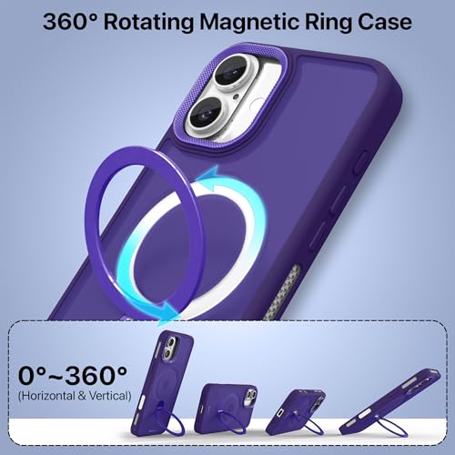Image of eller sante Maximus Back Cover Case for iPhone 16 Plus with Magnetic Alloy Ring Metal Kickstand Camera Protector TPU Shockproof 10ft Drop Protection Compatible with Mag-Safe- Purple