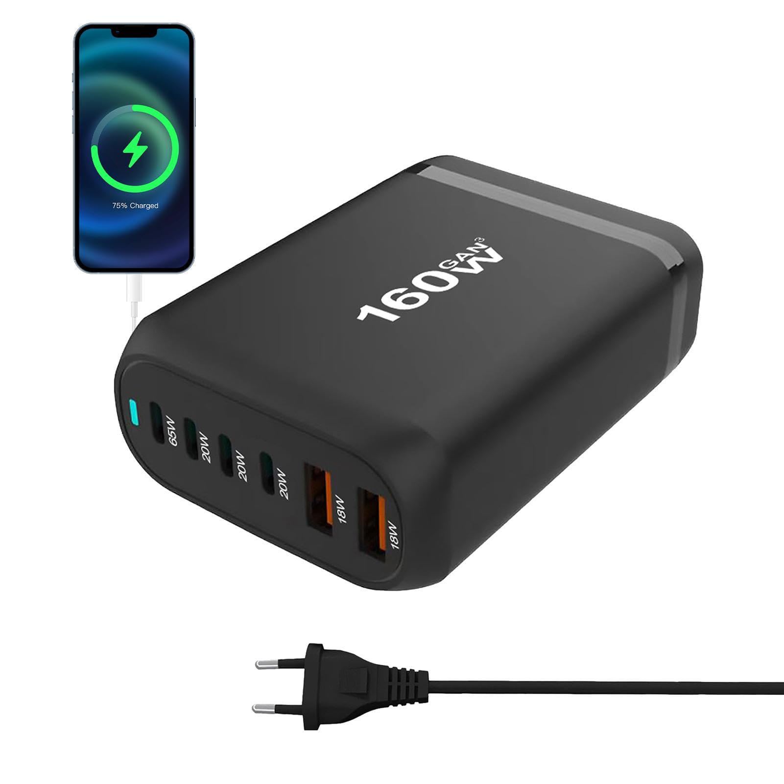 Blocco caricabatterie da parete rapido da 160 W - Stazione di ricarica USB