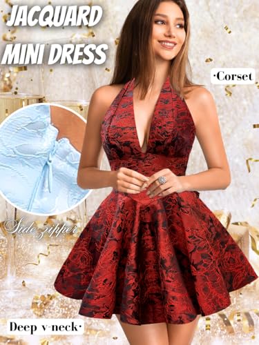 Image of ShawGobow Jacquard Corset Dress,Deep V Halter Mini Dresses with Bow Back,Sexy Birthday Outfits Women Homecoming Prom Formal