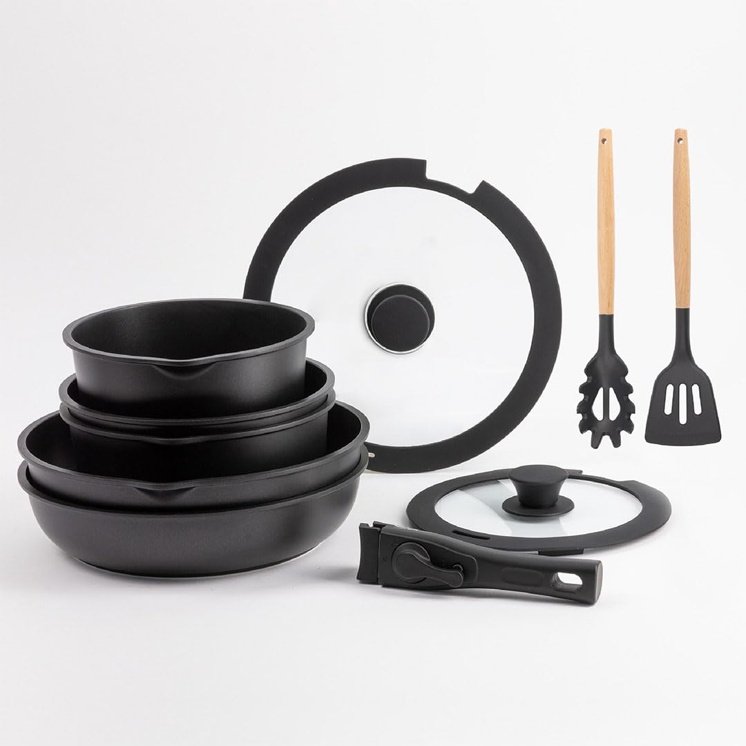 BERGNER, Set 10 PZS Pentole Easy Click nere, Padelle e casseruole con rivestimento antiaderente nero, Include coperchio e utensili, Manico staccabile, Adatto a tutti i fornelli