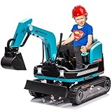 JOYLDIAS 360 Degree Rotating Ride On Excavator and Bulldozer,12V12AH Battery Powered Ride On Toy Backhoe W/Track Design Wheels for All Terrain,Remote Control,MP3,Toolbox for Kids,Parent,Blue