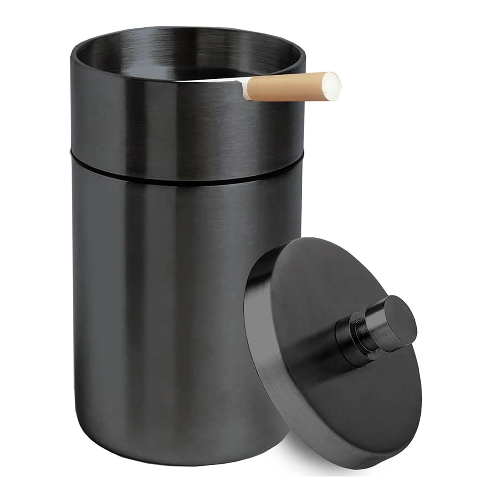 1 Pack Portable Car Ashtray with Lid, Stainless Steel Detachable Windproof Smokeless Mini Trash Can for Car Outdoor(Black)