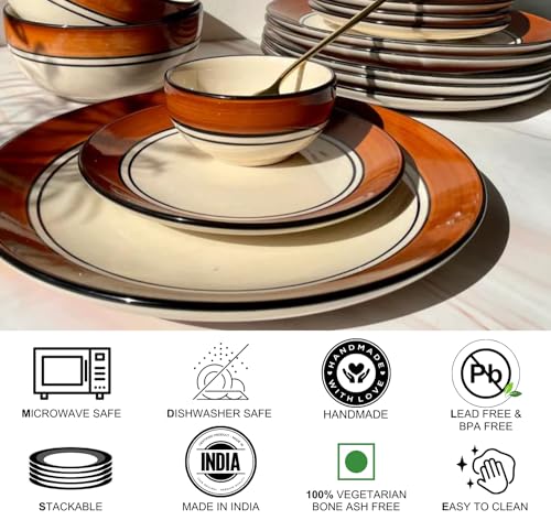 Image of Freakway Glossy Finish Brown and White Handcrafted Dinner Set Ceramic Stoneware Dinner Set of 4 Pieces | 2 Dinner Plates & 2 Serving Bowl | Dishwasher & Microwave Safe - Multicolor
