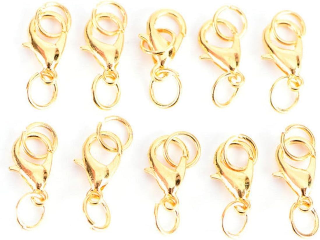 Zapięcie homarowe, zapięcia jubilerskie, 50 sztuk Boho Lobster Claw Claws Split Ring Jump Rings Making Hook Koraliki Crimp End Connectors Naszyjnik Ustalenia Tworzenia Biżuterii-Gold (Color : Gold10m