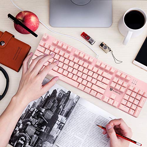 Image of Merdia Full Size Wired Mechanical Gaming Pink Keyboard | Blue Switch 104 Keys US Layout Full Size Pink PC Gaming Keyboards | Hot Swappable LED Backlit Light Up Wired Mechanical Computer Keyboards