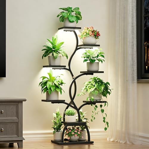 Image of Plant Stand Indoor with Grow Light - 8 Tiered Corner Plant Shelf Indoor | 49 inch Plant Holder with Lights for Indoor Growing, Tall Lighted Flower Stand for Living Room, Balcony, Black