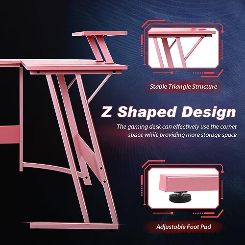 Image of PayLessHere L Shaped Gaming Desk Corner Desk Computer Desk with Large Desktop Studying and Working and Gaming for Home and Work Place,Pink