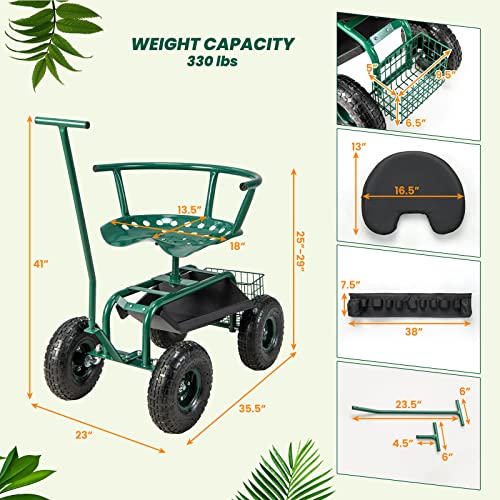 Giantex Garden Cart, Rolling Workseat with 4 Wheels, Tool Tray, Removable Cushion, Storage Basket, 2 Handles, Adjustable Height & 360 Swivel Work Seat, Gardening Stool for Patio Lawn Garden Yard