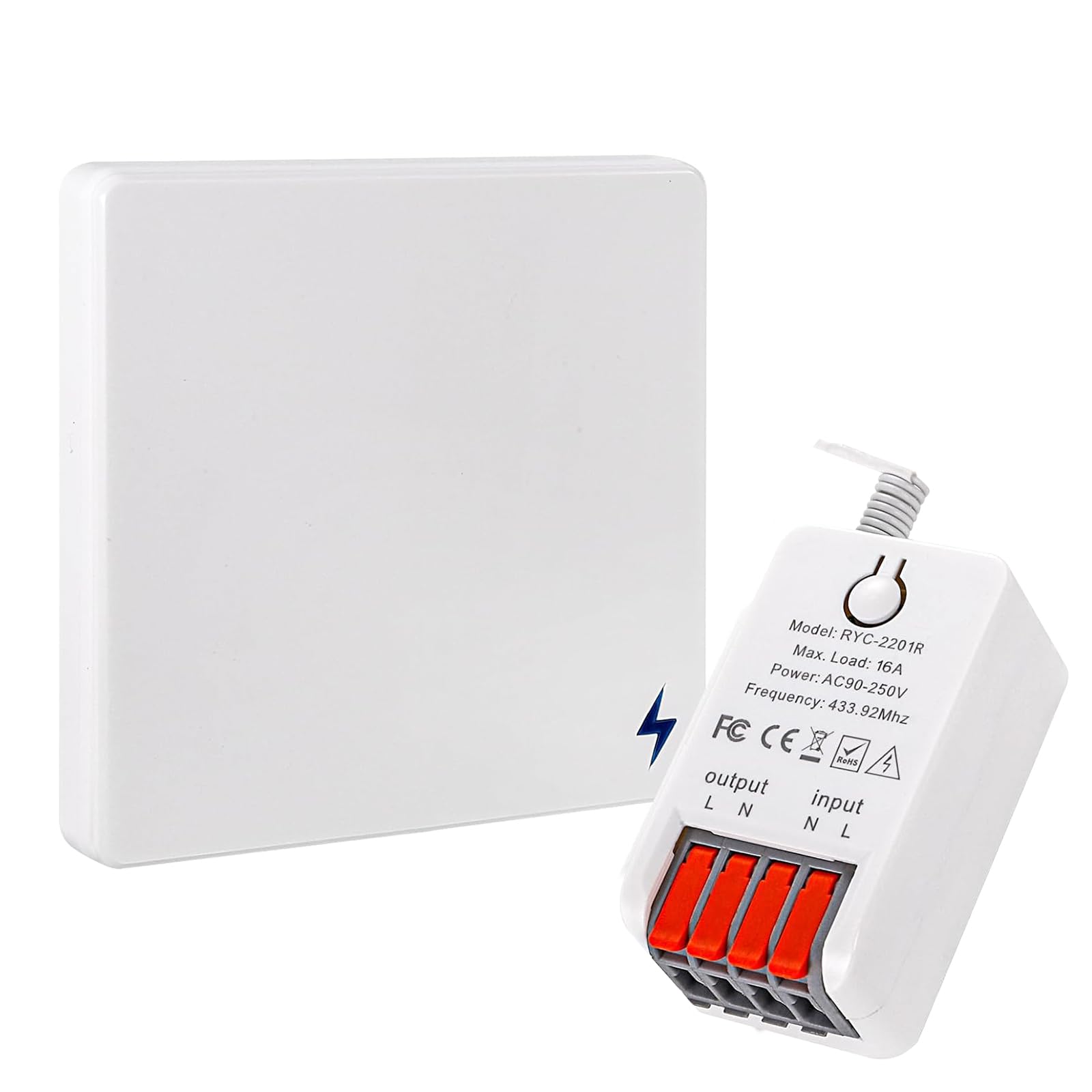 Wireless Light Switch Kit, 86 Type No Wiring DIY Light Switch Kit with 16A Receiver, AC 90-250V Long Range Remote Control Light Switch with Receiver for Indoor Outdoor Lighting (1 Switch 1 Receiver)