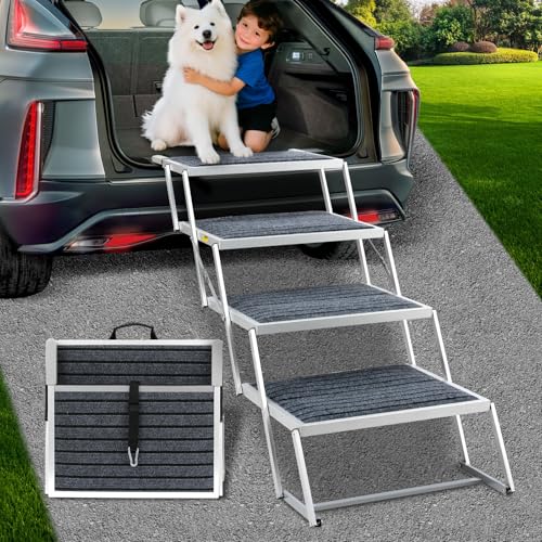 Extra Wide Dog Stairs for Large Dogs, Foldable Dog Ramp for Car with Non Slip Rug Surface, Portable Pet Steps for Cars, SUV, High Beds, Trucks, Supports up to 200 lbs (for The Trunk of The Car Only)