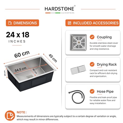 Image of HARDSTONE Premium Kitchen Sink | Single Bowl 24x18x9 Inch | Grade Stainless Steel Matte Finish | Handmade Heavy Duty Wash Basin for Modern Homes | Includes Waste Pipe, Coupling & Basket | Silver