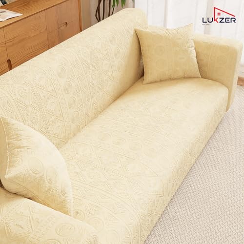 Image of Lukzer 1 Seater Stretchable Sofa Cover | 240 GSM Universal Fit Jacquard Fabric Couch Protector | Pastel Yellow Tribal Pattern | Fully Covered Anti Slip & Washable Sofa Cover (90-140cm /SC-075-01)