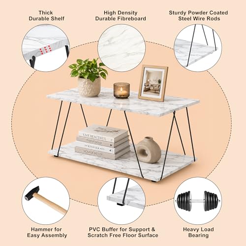 Image of JD FRESH Wooden Shelf Rack with Elegant Wooden Top /Shelving Unit & Organizer /Modern Centre Table with Sturdy Support & Spacious Storage Shelf for Living Room, Drawing Room & Balcony (White, Marble)