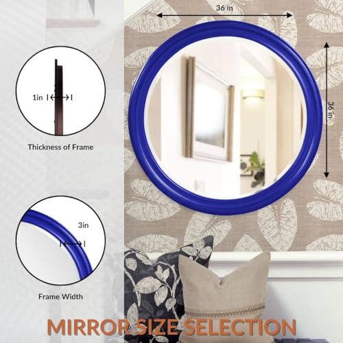 Image of Howard Elliott Collection George Round Glossy Royal Blue Wall Mirror, Bevelled Vintage Hanging Wood Framed Vanity Mirrors for Home Decor, Living Room, Bathroom, Bedroom, or Hallway, 36 Inch Round