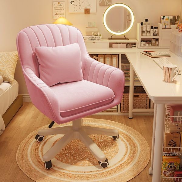 Oakcraft Velvet Home Office Chair Computer Chair with Mid-Back Upholstered Modern Tufted Computer Task Chair Swivel Height Adjustable (Pink)