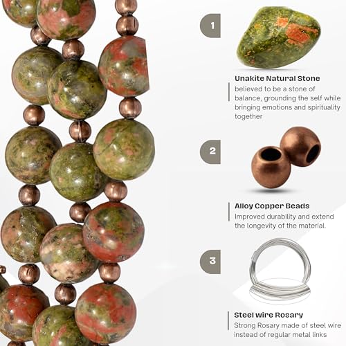 Unakite Stone Beads Rosary, Catholic Rosary Necklace with Metal Caps, Miraculous Medal and Jesus Crucifix, Handmade Strong Rosary Cross Necklace, Catholic Gifts for Men and Women2