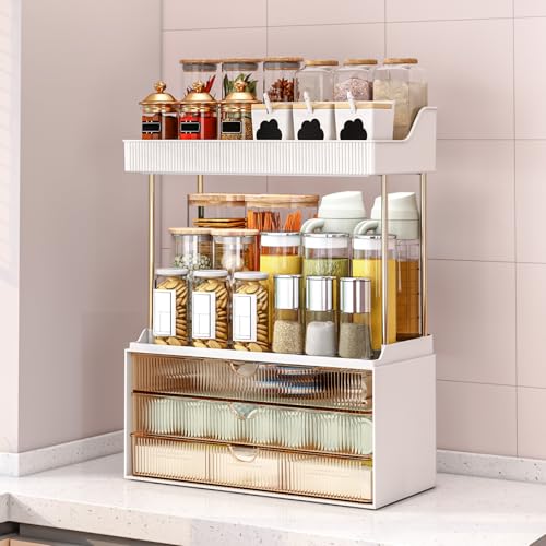 Image of caktraie 2 Pack Bathroom Organizers and Storage - 3 Drawers 2 Tier Makeup Organizer, Cosmetic Storage Drawer for Dresser Countertop and Bathroom Vanity for Large Skincare, Perfume, Amber