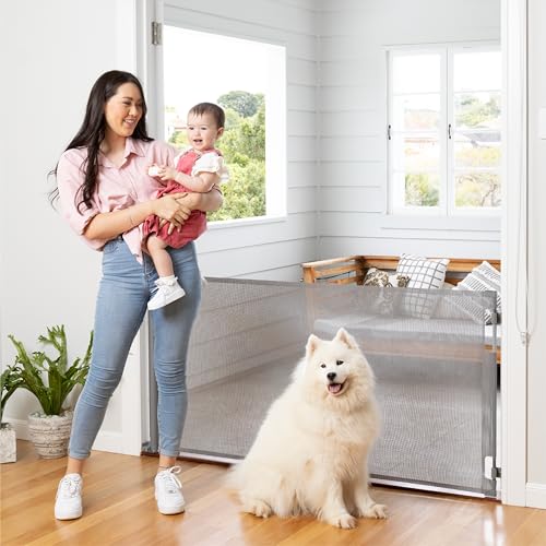 Image of Retractable Baby Gate Perma Child Safety 33" Tall x 71” Wide, Mesh, for Stairs, Doorways, Dogs, Pets, Indoor, Outdoor, One-Handed Operation, Locking, Easy Install, Hardware Mount, Gray