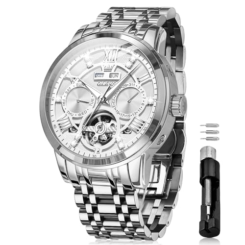 Image of OLEVS Automatic Watches for Men Self Winding Mechanical Skeleton Luxury Dress Stainless Steel Diamond Men Wrist Watches