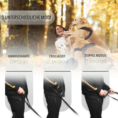 bluzelle Starke Hundeleine 3m für Große Hunde bis 100kg, Extra Robuste 360° Aluminium Karabiner-Haken, Gummierte Doppelleine für 2 Hunde, Verstellbare Freihand-Leine zum Umhängen, Farbe:Schwarz