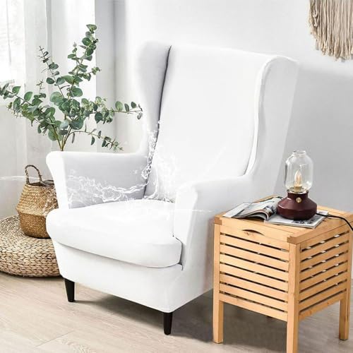 Chickwin Funda Sillon Orejero Elástica Impermeable, Funda Sillon Orejero con Cojin Separado, Funda Color Sólido Sencillo Sofa 1 Plaza, Fundas para Sillones Orejeros Lavables (Blanco)