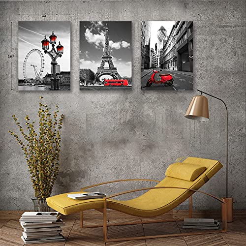 Black And White Red City Landscape- Paris Eiffel Tower Wall Art Decor Canvas Print Red Motorcycle Street View And Ferris Wheel Painting Modern Home Decoration 12"X16" X3 Panels Romantic Artwork #TOP3
