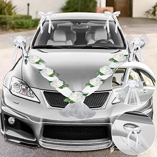 Kit Décoration Voiture Mariage Élégant – 8 Fleurs + 2 Voiles Blancs + Tulle – Rubans & Ventouses – Mariage Romantique