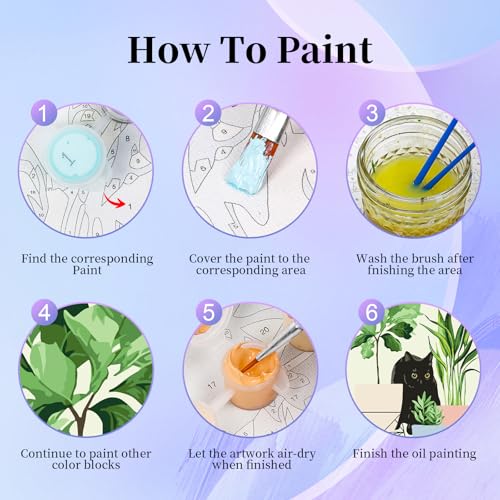 Image of 6 Pack Paint by Numbers Kit for Adults Beginner, Black Cat Adult Paint by Number Kits on Canvas Without Frame, Green Plant DIY Acrylic Oil Painting by Numbers Kits, Perfect for Home Decor 8x12 Inch