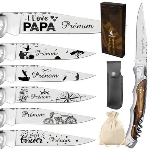 Gravure Events - Couteau Marque Laguiole Bougna personnalisé avec dessin et prénom gravé - Cadeau pour homme : fête des pères, papa, grands pères (papi,...