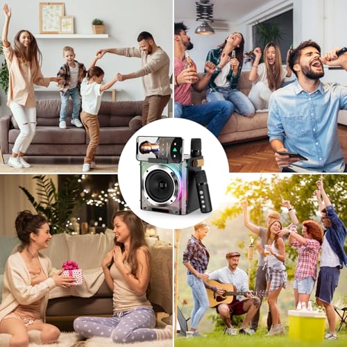 Pkbd Karaoke Machine 2 Microphones For Adults Kids, Portable Bluetooth Speaker With 4 Voice Changing Effects And 5 Light Effects, Karaoke Speaker For Gift Home Party - Support Tf Card, Aux (Black) - 7