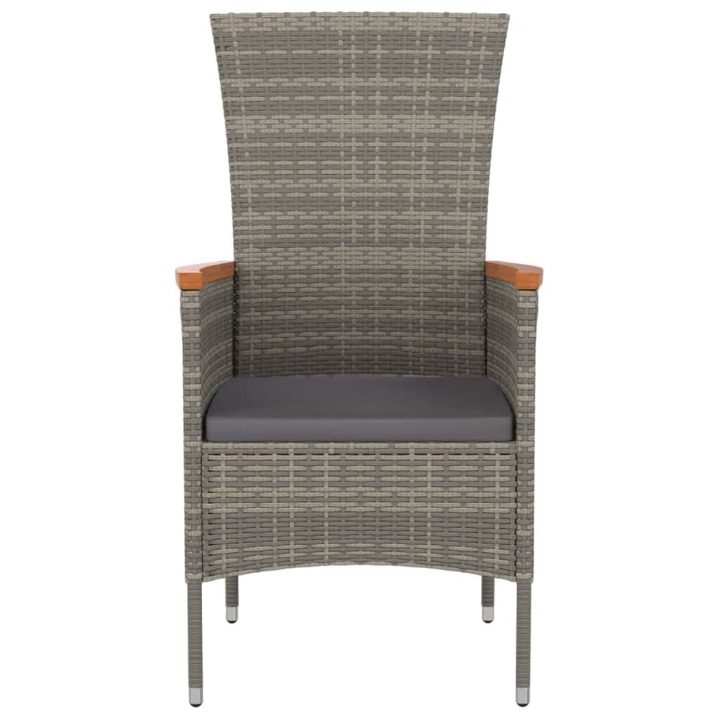 Fengshui Set di 4 sedie da giardino in polyrattan grigio con cuscino | telaio in acciaio, braccioli in legno di acacia, cuscino spesso imbottito, facile da pulire