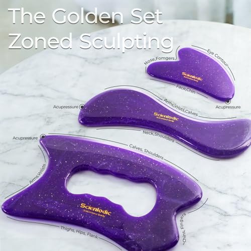Image of Scienlodic 3 Pcs Gua Sha Massage Tools for Face & Body (Purple, Resin) - Scraping Tools for Back, Legs & Muscle Relaxation, Guasha Facial Tool for Jawline Contouring & Puffiness Reduction