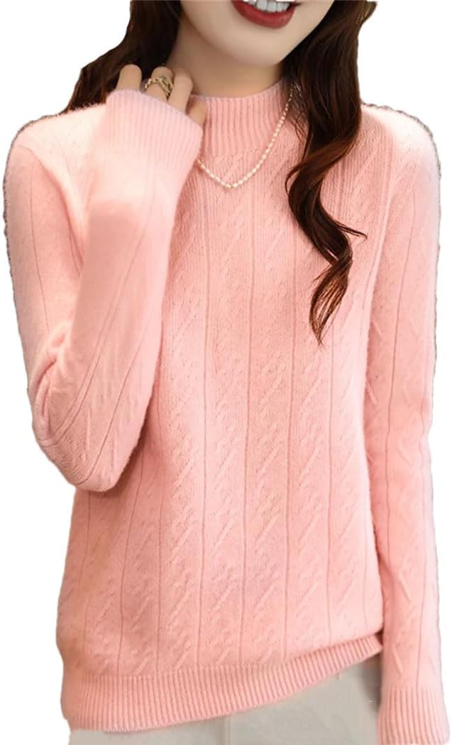 Women's 100% Wool Sweater Long Sleeve Half High Collar Pullover Jumper Thick Thermal Cable Knitted Base Shirt