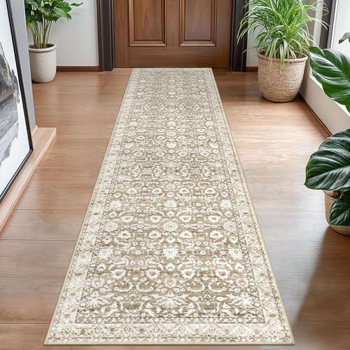 Lansny Hallway Runner Rug, Beige Tan White Washable Runner Rug 2x8 Vintage Floral Neutral Kitchen Rug Runner Non Slip Thin Printed Faux Wool Super Soft Carpet for Entryway Bedroom Laundry Room Indoor