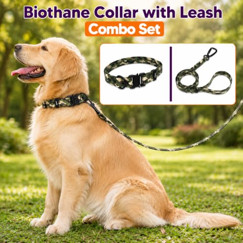 Image of Adil's Biothane Waterproof Dog Collar, Dog Leash & Collar Leash Combo | Heavy Duty TPU Coated Webbing | Adjustable Quick Release Buckle | Odour Resistant (Army Print, L-22, Collar & Leash Combo)