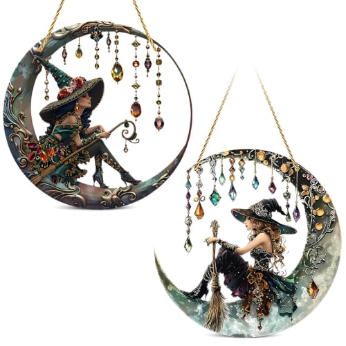 Image of 2 PCS Witch Sun Catchers for Windows,Acrylic Stained Glass Effect Window Hanging Decorations, Gothic Home Decor Moon Witch Ornaments, Witchy Gifts for Women Pagan Gifts (20cm)