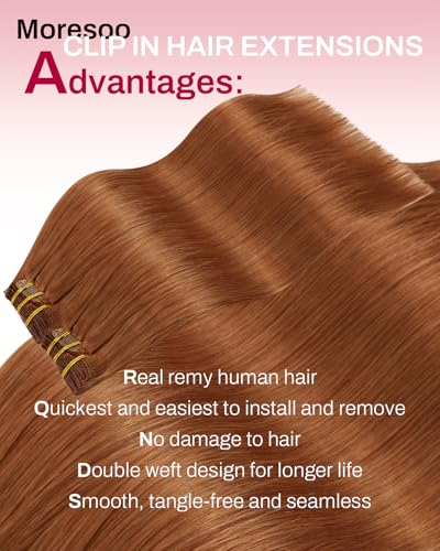 Image of Moresoo Clip in Hair Extensions Copper Orange Human Hair Photo Look 18 inch | Seamless human hair clip in extensions, warm copper ginger finish, 120g 7pcs, added length and fuller hair