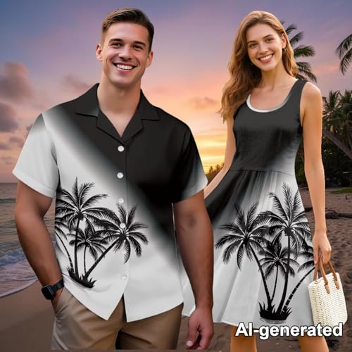 Image of Hawaii Matching Couple Outfits Husband and Wife Clothing Fashionable Mens Casual Shirts Hawaii Dress with Soft Fabric