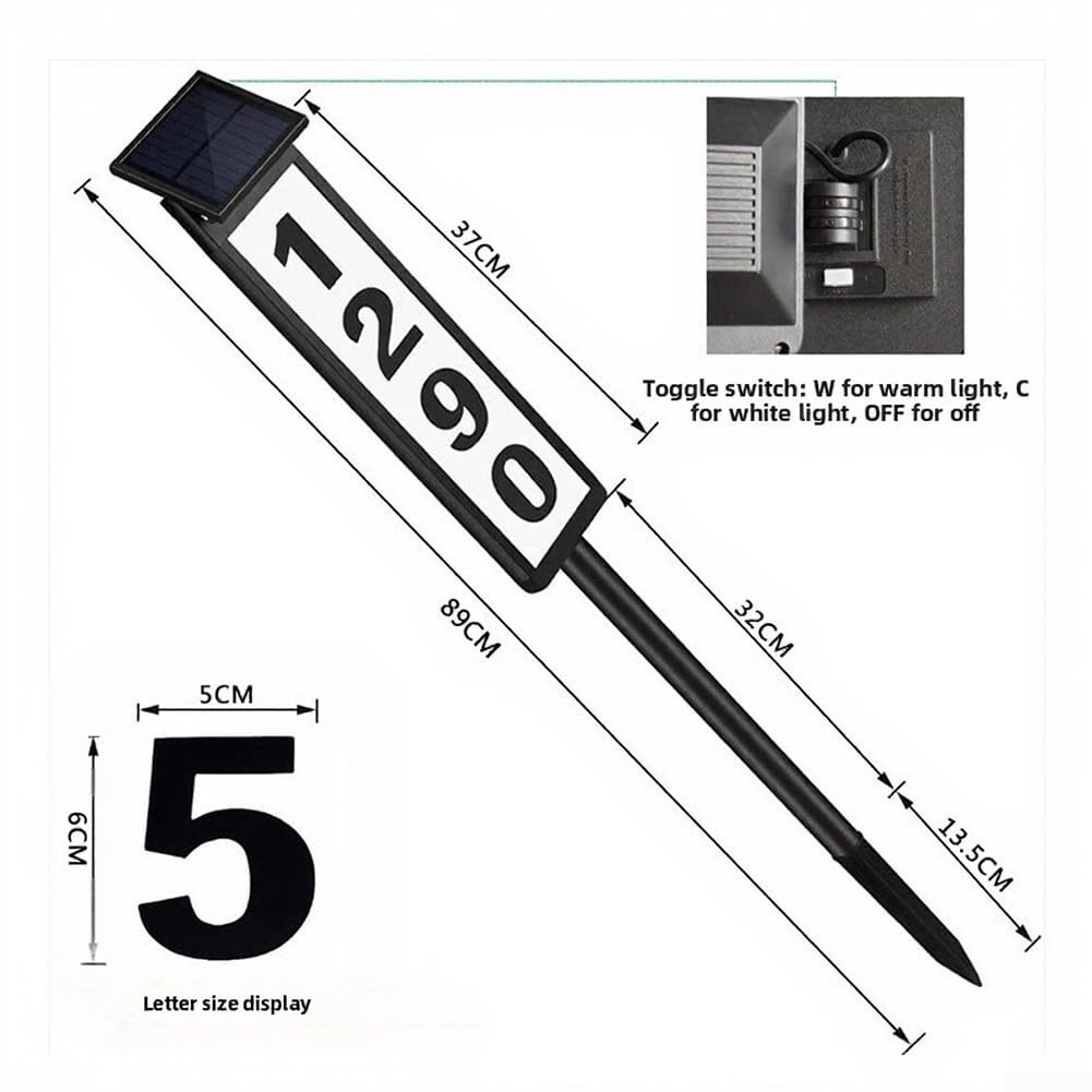 Targa solare a LED con numero civico impermeabile, altezza 102 cm, con picchetto, 3 temperature di colore, altezza regolabile, doppio pannello solare per esterni, giardino, vialetto, bianco, set di