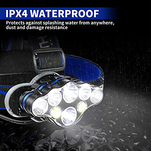 Rechargeable Headlamp, 8 Led 18000 Lumen Super Bright Headlight With Red Lights, Usb Rechargeable, 8 Modes Waterproof Headlamp Flashlight For Outdoors Camping Running Fishing Hiking (Blue Headband) #TOP4