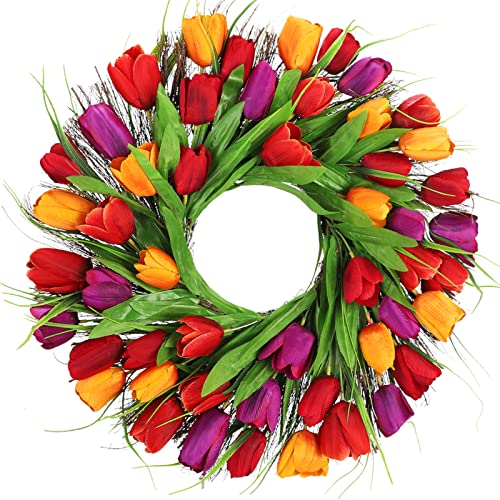 DAMEING 18Inch Tulip Wreath, Spring Artificial Flower Wreath for Front Door Window Wall Hanging Valentines Day, Summer Silk Wreath Decor (Red)