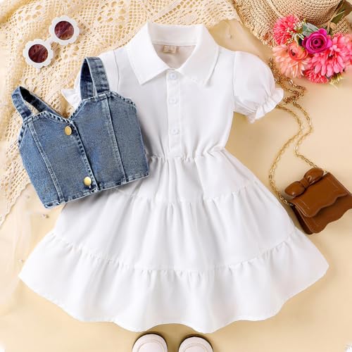 Girl's Sundresses Summer Lapel Short Sleeve Solid Color Shirt Dress with Denim Vest3