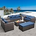 Valita 7 Pieces Patio Furniture Set,9-Seats Outdoor Wicker Sectional Sofa Brown Rattan Modular Patio Conversation Chair Set with Storage Table,Washable Cushions(Navy Blue)