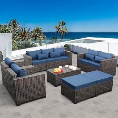 Valita 7 Pieces Patio Furniture Set,9-Seats Outdoor Wicker Sectional Sofa Brown Rattan Modular Patio Conversation Chair Set with Storage Table,Washable Cushions(Navy Blue)