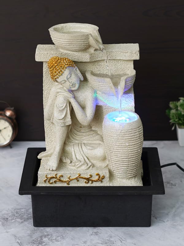 Image of Polyresin Cream Elegant Buddha Sitting in Rest Position Tabletop Indoor Waterfall Fountain for Home Decor with LED Light Water Flow Control Pump (Size: 39 x 22 x 29.5CM | Wt: 2200Gram)
